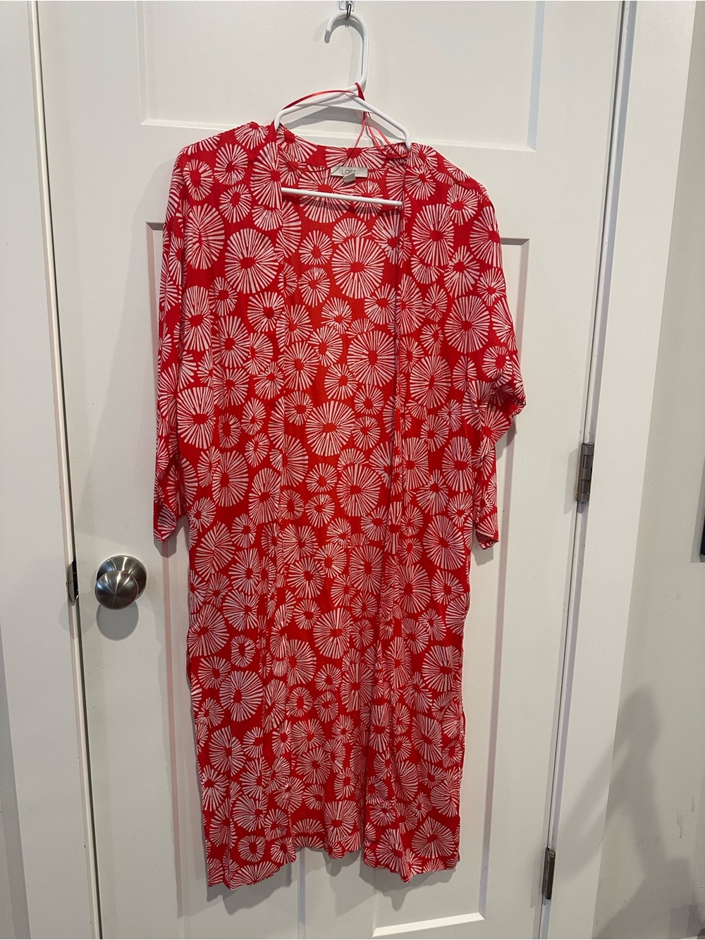 LOFT Red and White Printed Long-Sleeve Open Duster